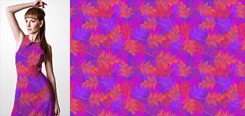 13003v Materiał ze wzorem tropikalne kolorowe liście (pomarańczowy, fiolet, fuksja)